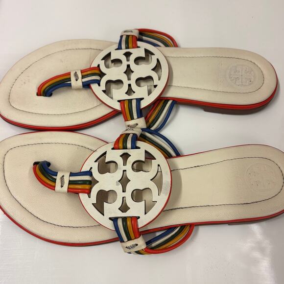 Tory Burch Miller Mignon Sandals Ivory Rainbow Strap Flat Slip On Sandals Size 5 - Picture 4 of 7